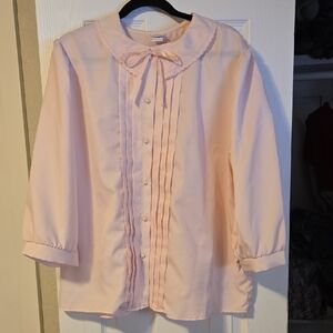 Vintage Baby Pink Button-Up Blouse with Embroidered Collar